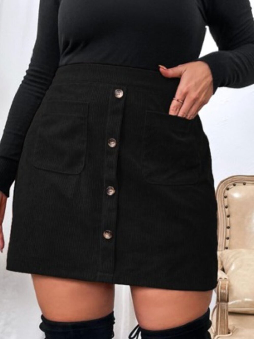 SHEIN Classic Button-Front Corduroy Mini Skirt - Black